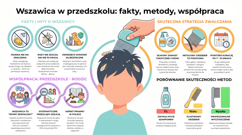infografika przedstawiająca sposoby walki z wszawmi w przedszkolu, fakty i mity o zarażeniach, skuteczna strategia zwalczania wszawcicy, współpraca na linii przedszkle rodzic, skuteczność wybranych metod