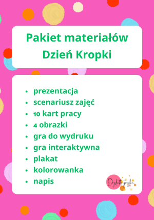 Grafika przedstawaia spis materiałów jakie zawiera pakiet Dzień Kropki są to: prezentacaj, scenariusz zajęć, 10 kart pracym 4 obrazki, gra do wydrukowania, gra interaktywna, plakat, kolorowanka, napis. Grafika w tle jest różowa z wieloma kropkami w wielu kolorach