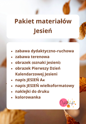 Obrazek przedstawia spis materiałów pakitu jesiennego skierowanego do przedszkola. W tle widać tematykę jesienną.