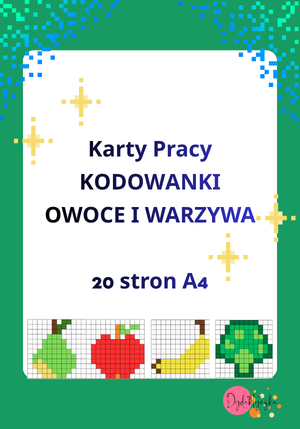 obrazek przedstawia napis kodowanki owoce i warzywa 20 kart pracy a4 z 4 przykładmi kodowanek: gruszka, jabłko, banan, brokuł