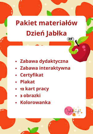 Obrazek przedstawia spis materiałow jakie wchodza w skłąd pakietu Dzień Jabłka, na obrazku jest również obrazek wychodzący z jabłka i tło jabłkowe
